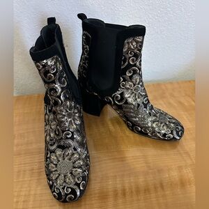 Stuart Weitzman Mediate Metallic Embroidered Velvet Block Heel Booties - Size 9